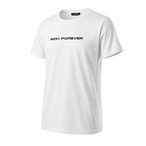 A white short-sleeve crewneck t-shirt with 'RICH FOREVER' embroidered in black across the chest.