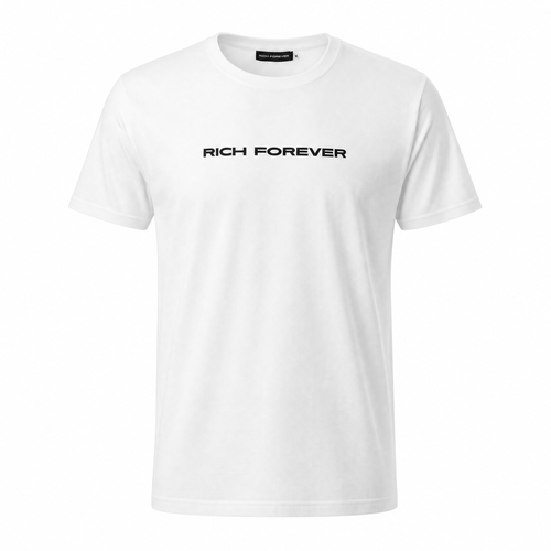 A white short-sleeve crewneck t-shirt with 'RICH FOREVER' embroidered in black sans-serif font across the chest.