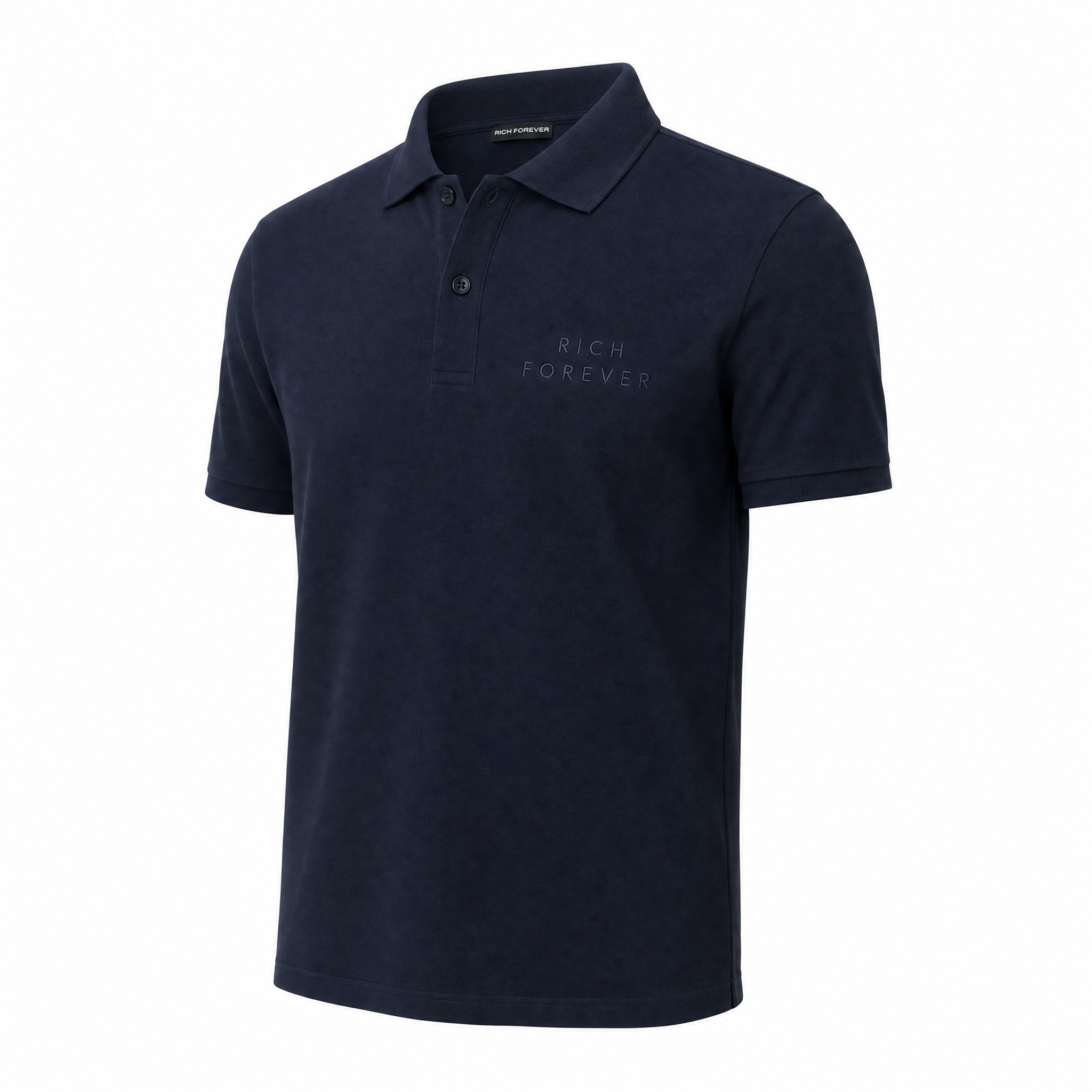 A side view of dark navy blue short-sleeve polo shirt with 'RICH FOREVER' embroidered in blue on the left chest, displayed on a clean white background.