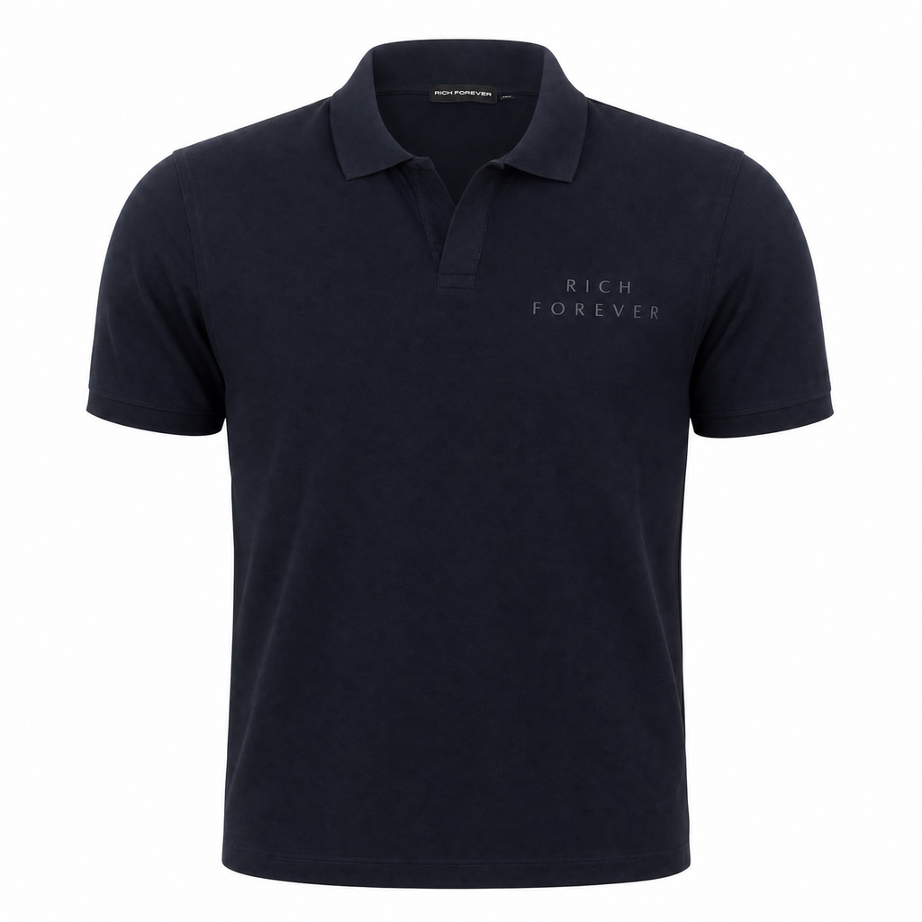 A dark navy blue short-sleeve polo shirt with 'RICH FOREVER' embroidered in blue on the left chest, displayed on a clean white background.