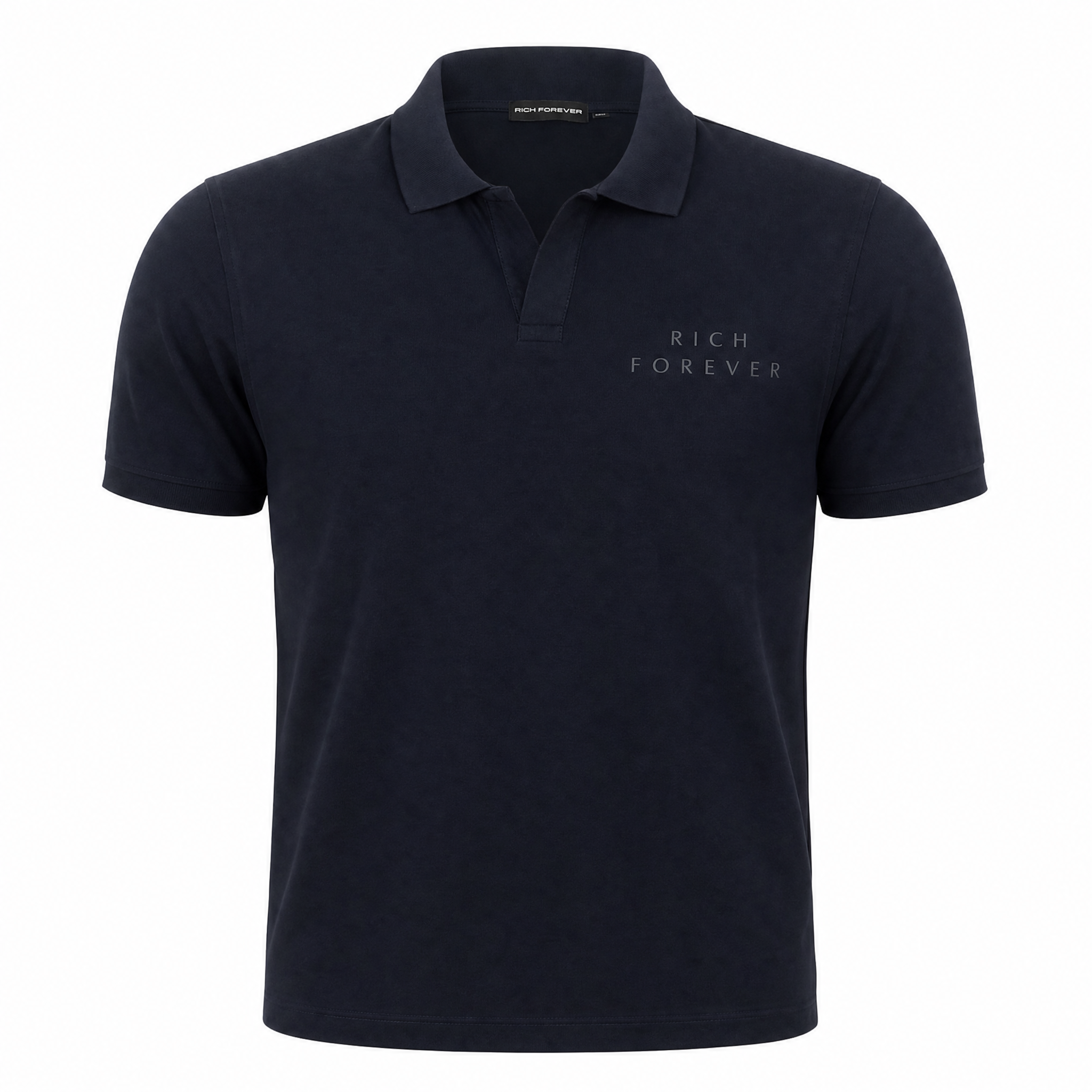 A dark navy blue short-sleeve polo shirt with 'RICH FOREVER' embroidered in blue on the left chest, displayed on a clean white background.