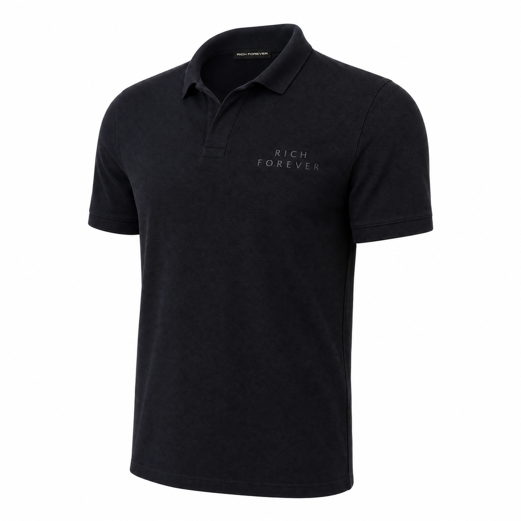 A side view of dark navy blue short-sleeve polo shirt with 'RICH FOREVER' embroidered in blue on the left chest, displayed on a clean white background.